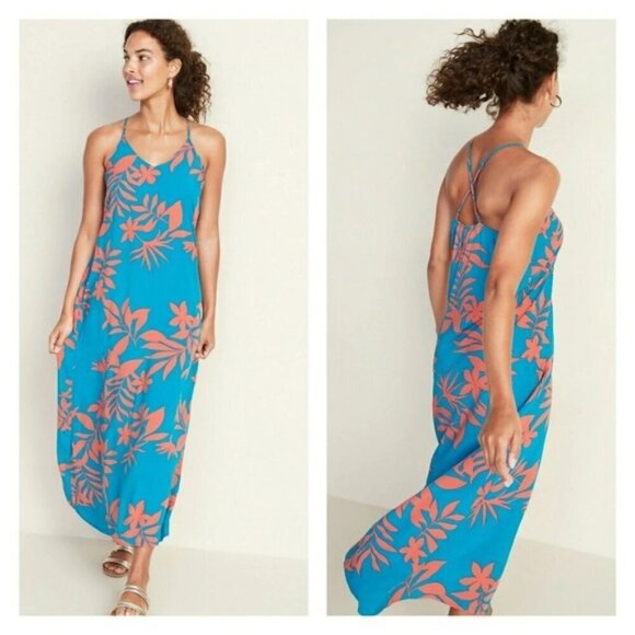 Old Navy Hawaiian Halter Maxi Shift Dress in Teal Coral Pink Floral - Picture 1 of 10